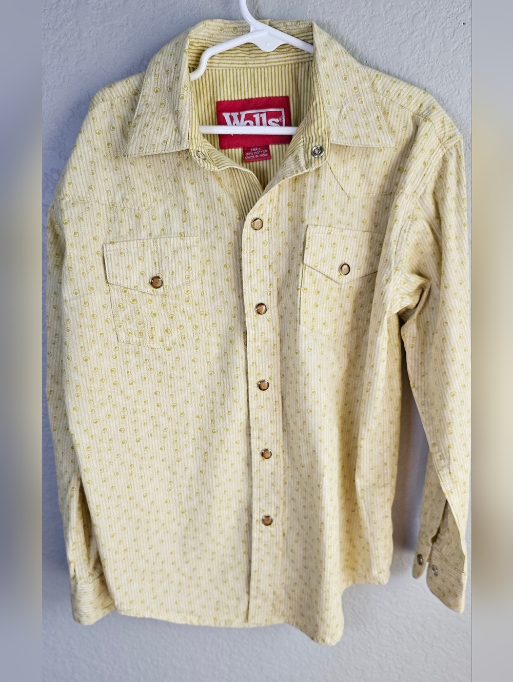 Walls Boys Small Western Pearl Snap Shirt Yellow Print Cowboy Rodeo